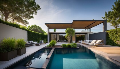 Fototapeta premium landscape architecture of a contemporary home with a sleek pool modern planters and low maintenance greenery blending indoor and outdoor living