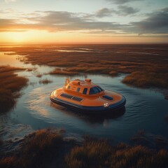 Orange hovercraft skimming over a marshland at sunrise, space above for text.