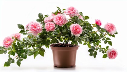 Fototapeta premium pink rose bush in potted plant isolated on white background
