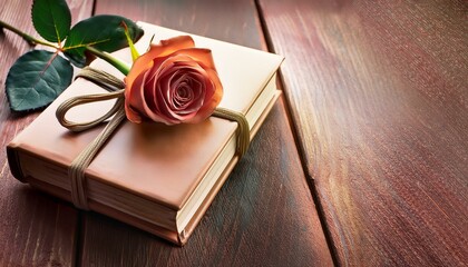 rose and book gift on rustic wooden background with text space