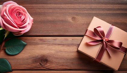 Fototapeta premium rose and book gift on rustic wooden background with text space