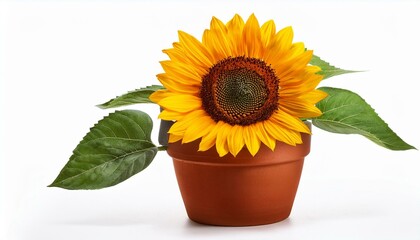 Obraz premium single sunflower plant in clay pot isolated on white background