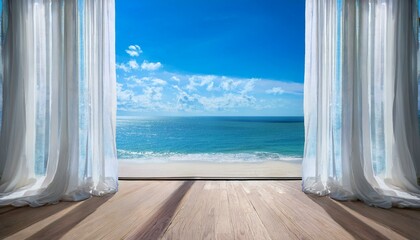 Fototapeta premium this bright sunlit room offers a serene view of the ocean through flowing white curtains the sparkling water and clear blue sky with scattered clouds fill the horizon