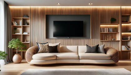 this contemporary living room features a curved sofa with a pattern the focal point is the tv mounted on a light colored wooden wall complemented by built in bookshelves on both sides