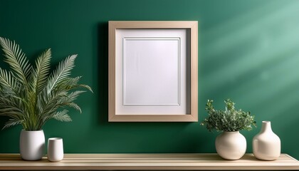 this product mockup features a framed photo hanging on a green wall creating a warm and inviting feel this realistic design is perfect for home decor art3 1