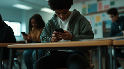 Obraz premium High school student is using a smartphone at his desk during class