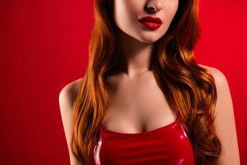 Cropped photo of pretty stunning girl show chest wear sexy leather outfit isolated on red color background