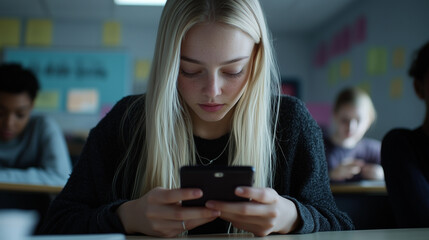 Blonde high school student secretly using her smartphone during a lesson, while other students are studying