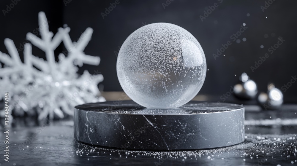 Poster A clear sphere filled with floating particles is positioned on a sleek marble base, surrounded by a delicate snowflake decoration and festive ornaments, creating a serene winter ambiance.