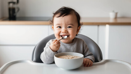 adorable baby eating porridge in the kitchen