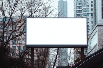 Fototapeta premium A mockup of an empty vertical billboard next to the entrance stairs in front of a modern building, with a white background and gray stone steps leading up to it, with trees on each side.