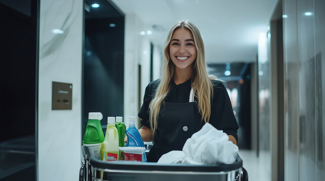 Hotel housekeeper cheerfully pushes her cart down the corridor, going about her duties with a smile
