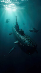 Fototapeta premium A dark and tense underwater scene depicting a submarine engaged in battle, showcasing torpedoes, dramatic lighting, and an atmosphere of suspense and military strategy.