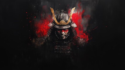 Naklejka premium The artwork captures a samurai clad in crimson and gold armor, intricately detailed against a dark backdrop, radiating an aura of strength and history