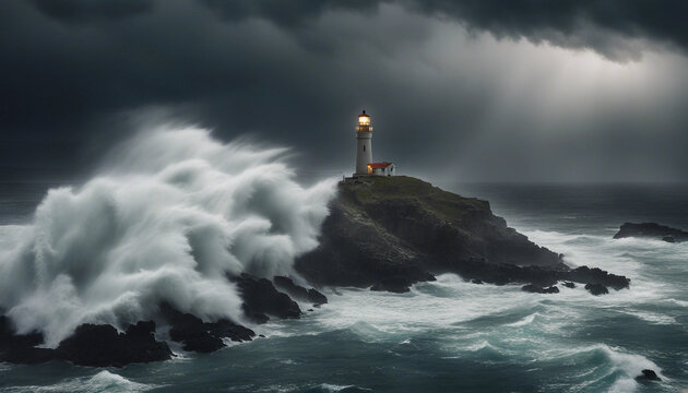 An aerial view of a lighthouse stands resilient against stormy seas and dark clouds.






