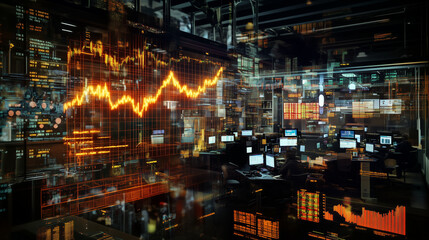 Stock market graph on the rise with a bullish trend as brokers work in the background