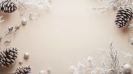 A beautiful arrangement of frosted pinecones and delicate branches creates a festive winter decoration. The neutral background enhances the wintry feel, perfect for holiday themes and celebrations.