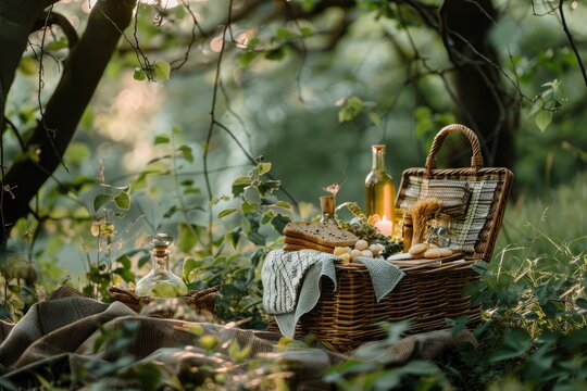 A relaxing picnic in the park, with a basket filled with food and drinks