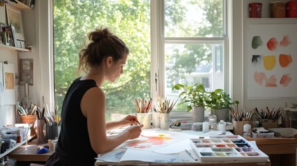A young woman focuses on watercolor painting at her organized art studio filled with natural light during a sunny afternoon