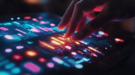 Hand on keyboard with advanced digital display