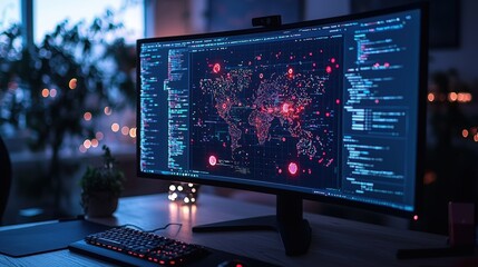Hacker breaches biometric security in a darkened room filled with digital alerts and global data visualization at night
