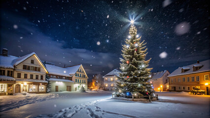 Snow-covered village at night, with glowing lights from windows, a tall Christmas tree in the center of the square, soft snowfall under a starry sky, christmas design background