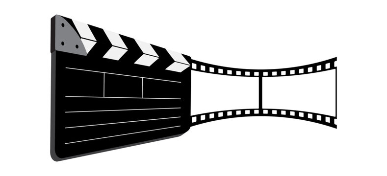 Clapper board, 35mm 2 frames film reel vector design isolated on white. 3d filmstrip movie production icon illustration to use for motion picture, television, cinema, film project.