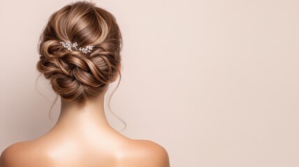Fototapeta premium Elegant high bun hairstyle with rich auburn hair and soft tendrils against a pastel pink background