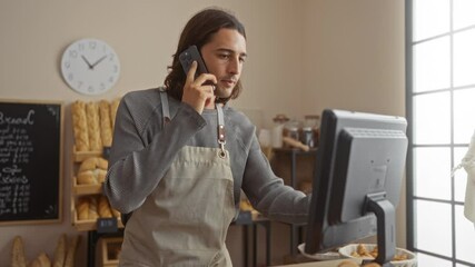 Young man with long hair working in a bakery, talking on the phone while using a computer