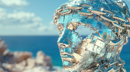 A mind in chains slowly unlocking the path to mental freedom against a serene coastal backdrop