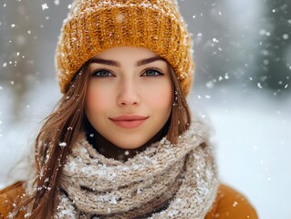 Beautiful young woman smiling in winter snow