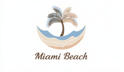 Minimalistic "Miami Beach" Logo Featuring Ocean Wave and Palm Tree in Soft Pastel Colors