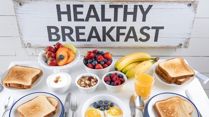 Healthy breakfast food table scene. Top down view over a white wood banner background.