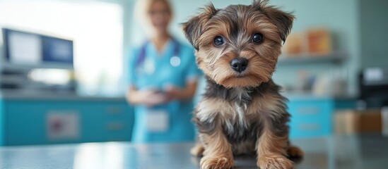 A small dog sits on an examination table, looking at the camera in a veterinary clinic.
