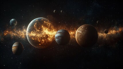 Fototapeta premium Witness a rare cosmic alignment of planets casting ethereal shadows against a backdrop of vibrant starlit bursts in the universe