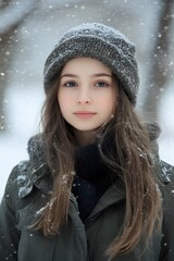 Portrait of a girl standing in a snowy winter day