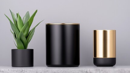 A sleek matte black mug with a luxurious gold interior elegantly placed on a minimalist concrete surface offering modern aesthetics