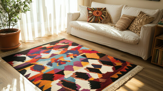 A beautifully woven kilim rug anchors the full room view with its intricate patterns and bold colors - Powered by Adobe