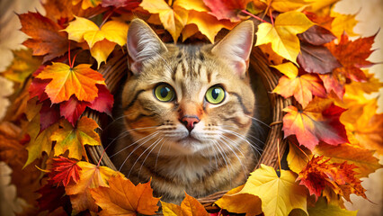 Fototapeta premium Charming cat framed by a colorful wreath of autumn leaves against a warm background