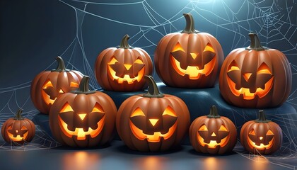 halloween pumpkins wrapped in spiderweb on a gray background for spooky designs