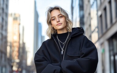 Fototapeta premium A stylish individual poses confidently in an urban setting, wearing a black oversized jacket and layered accessories against a backdrop of city buildings.