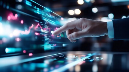 A hand interacts with a digital touchscreen displaying dynamic graphs and data, emphasizing technology and innovation.
