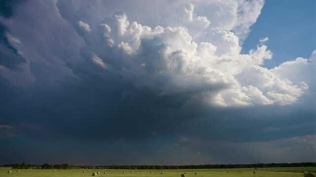 Developing storm clouds bursting into life over fields time lapse