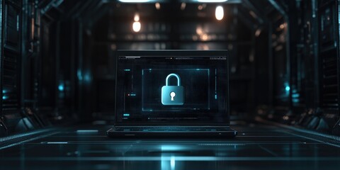 Laptop with encrypted data on screen, padlock icon, secure communication, modern workspace, no people