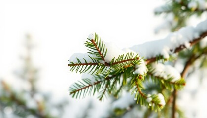 A snow covered pine tree branch with snow on it