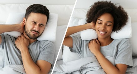 Fototapeta premium Man in pain and woman resting comfortably on pillows