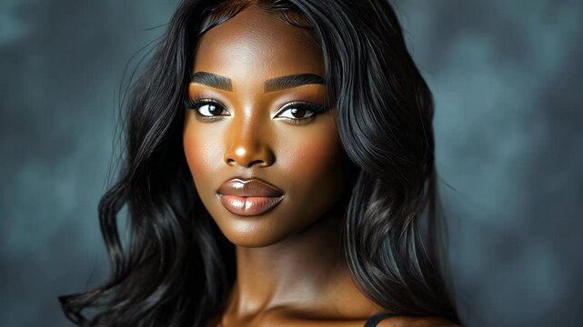 A woman with long, dark hair stares directly at the camera