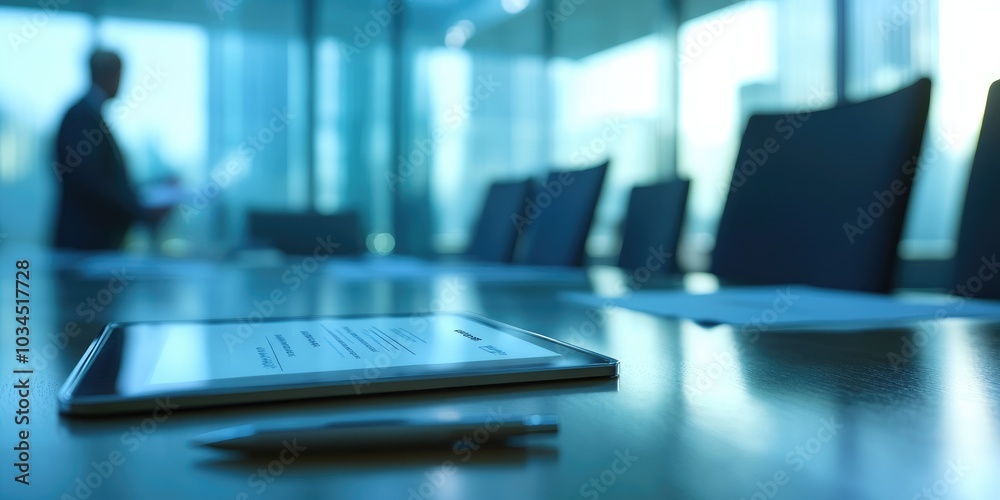 Aufkleber blurry background of a corporate meeting with a digital signature pad and a stylus in the foreground
