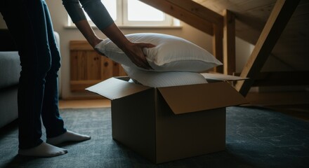 Person packing pillows into cardboard box in dimly lit attic