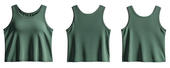Green female sports exercise bra tank crop top front and back view. Blank mockup design on transparent cutout background, PNG file. Mockup clipart template